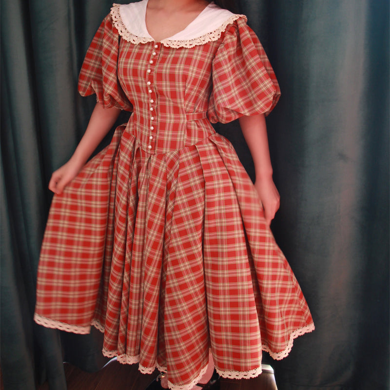 Vintage Plaid Puff Sleeve Tea Dress