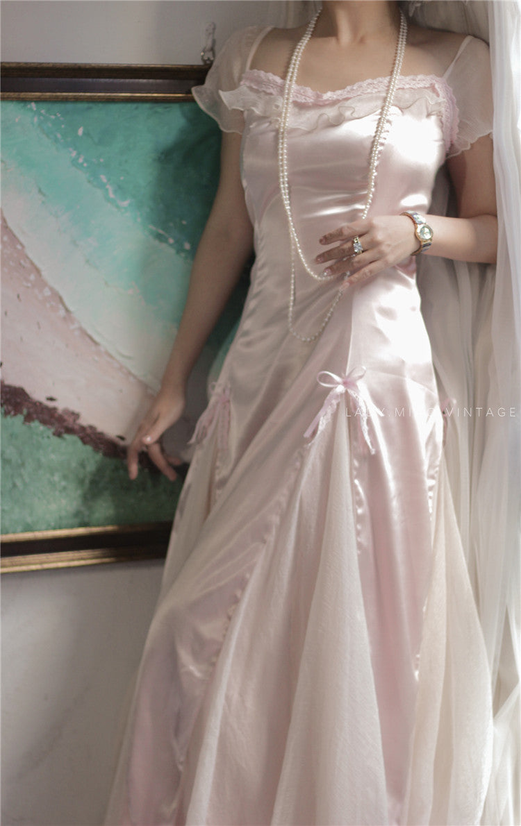 Handmade Vintage Dreamy Princess Pink Bow Stitched Dress Gown