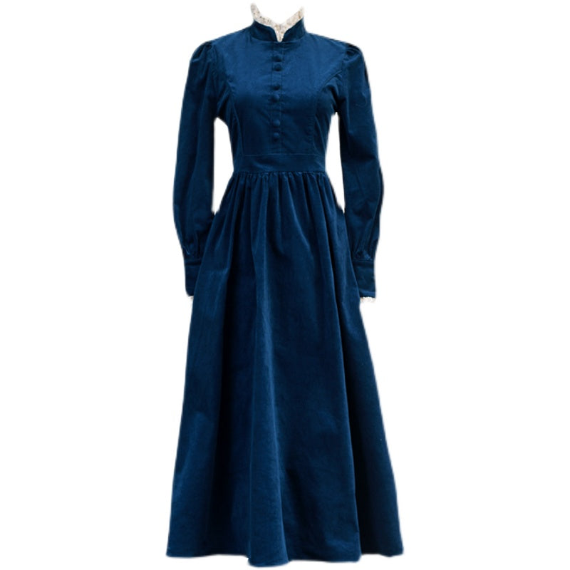 1900s Style Stand Collar Vintage Dress Dark Blue L I Retro Fairy