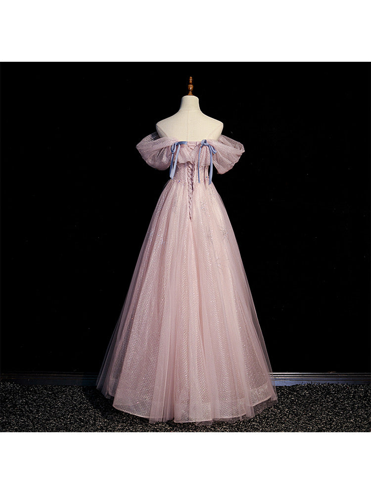 Handmade Retro Princess Tulle Off-Shoulder Pink Prom Evening Dress