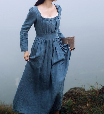 Movie Inspired Vintage Linen Square Collar Prairie Dress – Retro Fairy