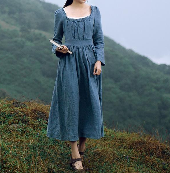 Movie Inspired Vintage Linen Square Collar Prairie Dress