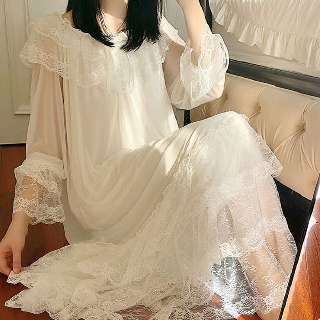 Women Flare Sleeve Ruffles Night Dress Lolita Sleepwear Retro Victorian  White